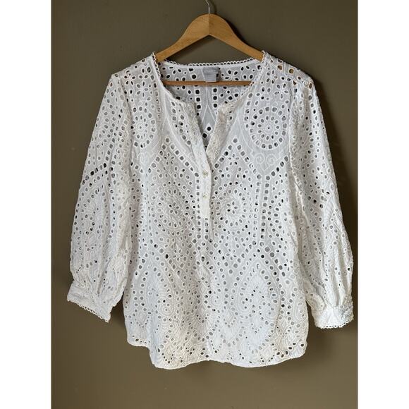 White 12 / 14 Eyelet Embroidered Shirt Top Blouse Pullover Stunning Classic - Picture 1 of 6